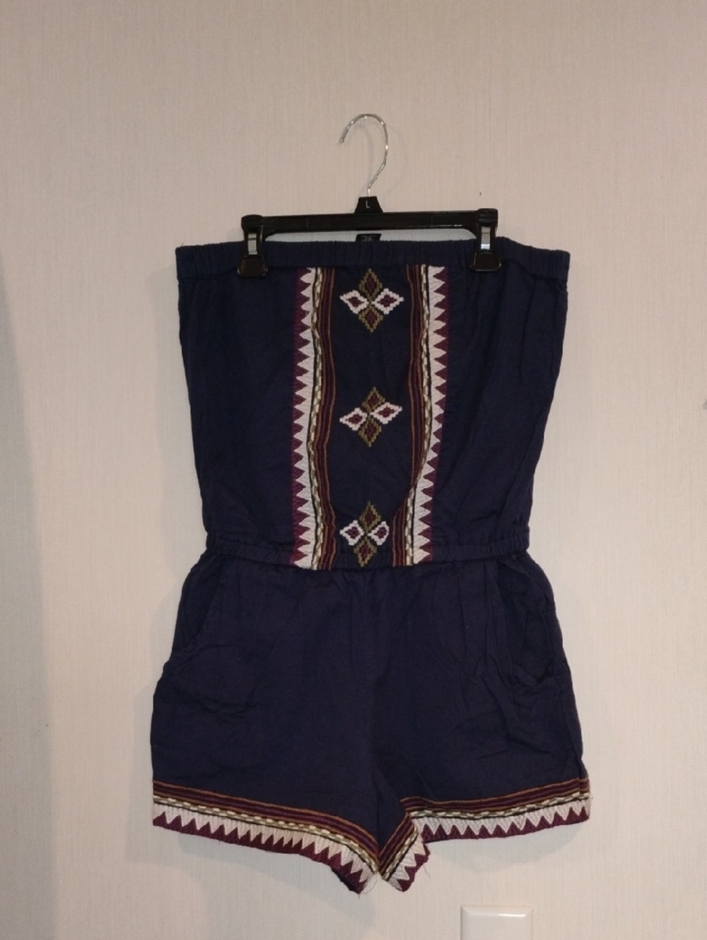 Angie Navy Strapless Embroidered Romper